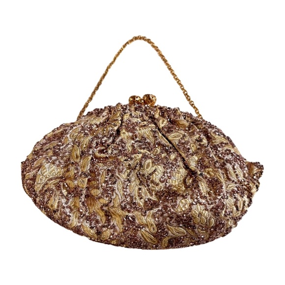 Walborg 1950's Vintage Gold Beaded Purse Evening Bag, Rhinestone Kiss Closure - Picture 2 of 9